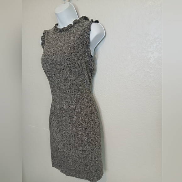 LOFT Grey & Black Tweed Sleeveless Sheath Dress Ruffle Neck & Sleeves. Cotton - Picture 7 of 9